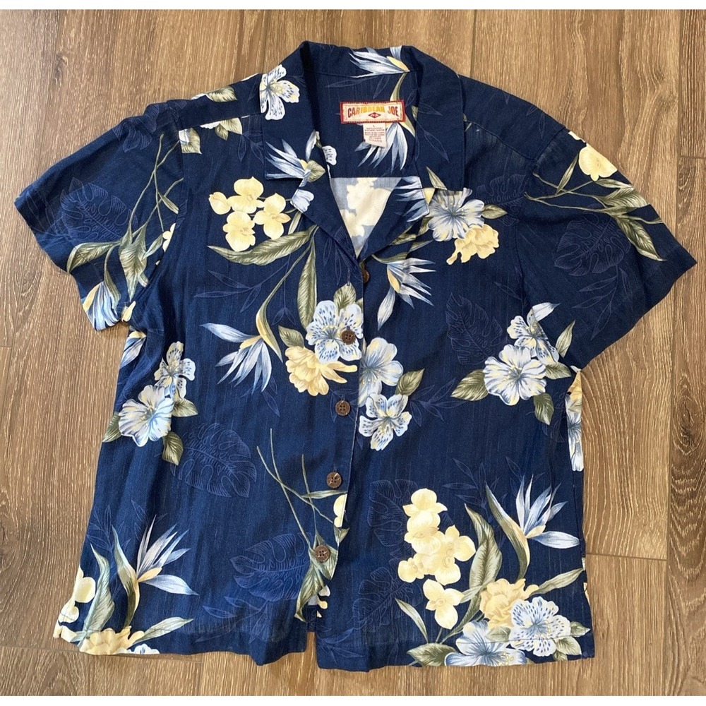 Caribbean Joe Women's Navy Blue Floral Button Down Short Sleeve Top Size Large